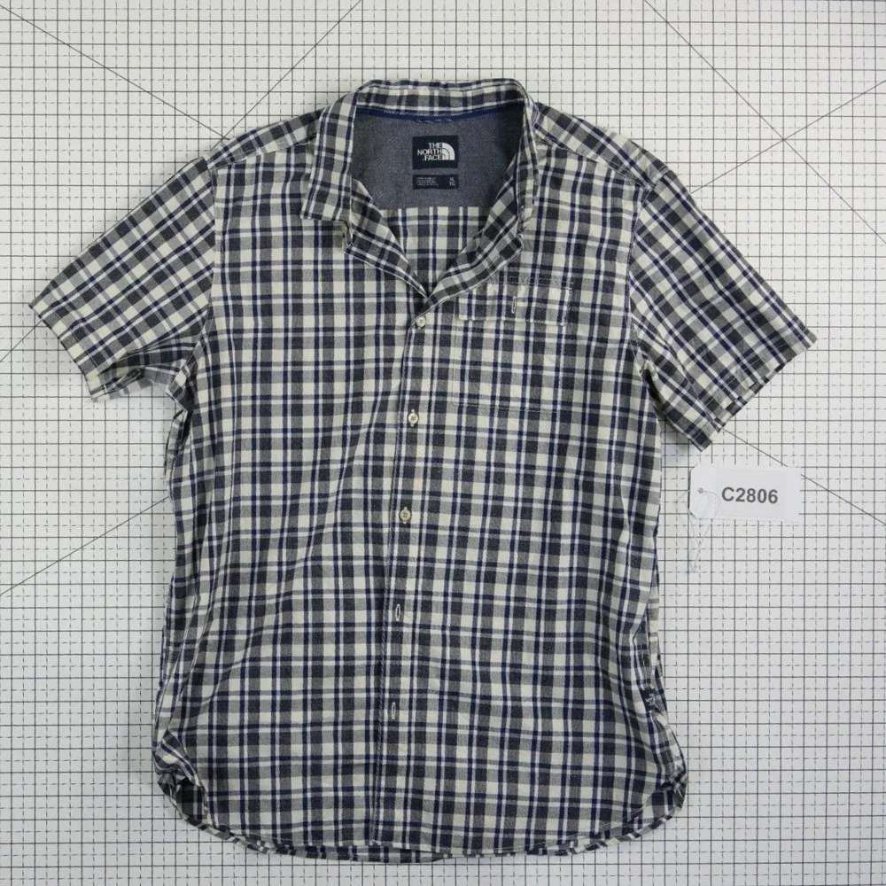 The North Face Button Up Shirt Men's Size XL Navy White Plaid 100% Cotton Pocket